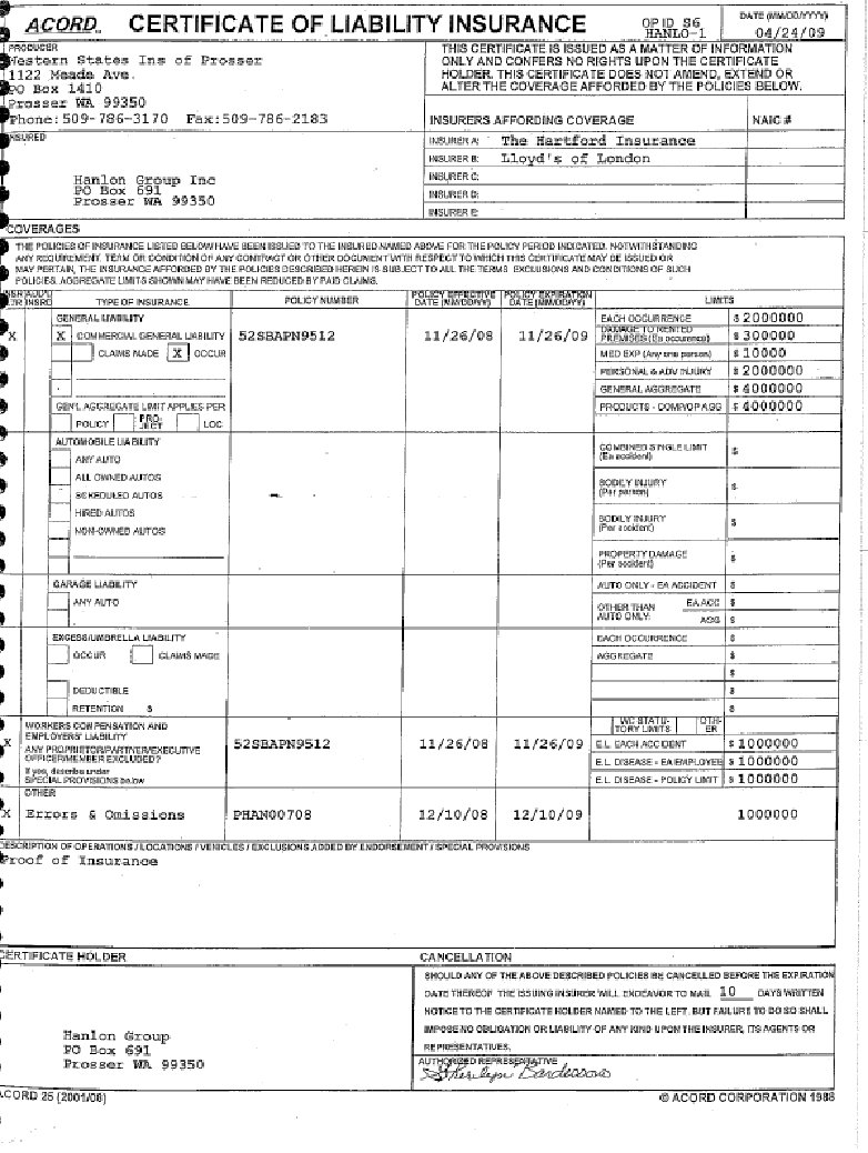HGI Certificate Of Liability